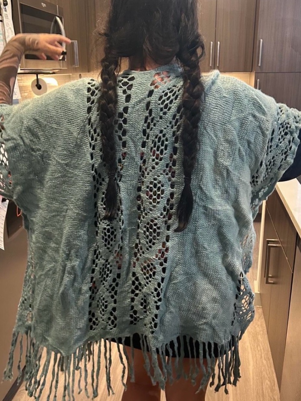 Light Blue Crochet-Back Fringe Knit Top